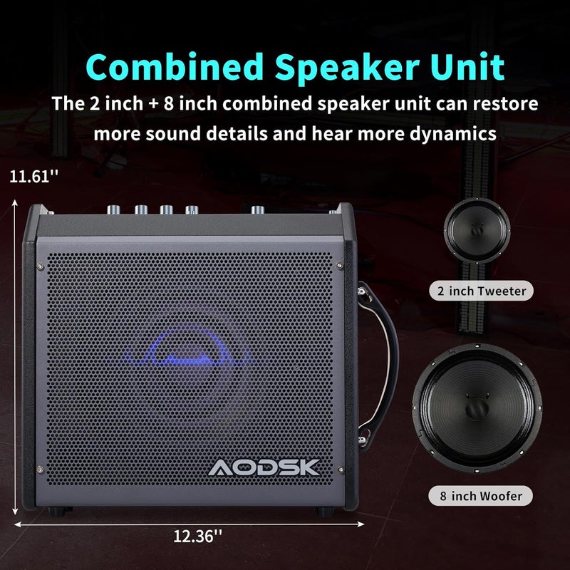 AODSK 35W Professional Electronic Drum Amplifier | Dual Speakers (8" Woofer + 2" Tweeter) | Compatible with Keyboard/Bass/Synthesizer | AUX Input + Recording Output | Treble/Mid Control - Image 3